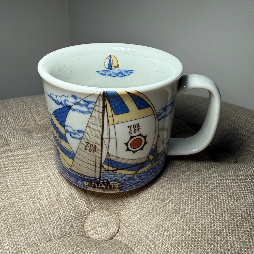Vintage Otagiri Japan Sailboat Regatta Speckled Stoneware Coffee Mug Nautical